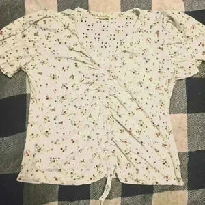 Indigo Rose Womens White With Floral Design Front Ruched Short Sleeve Top Size L